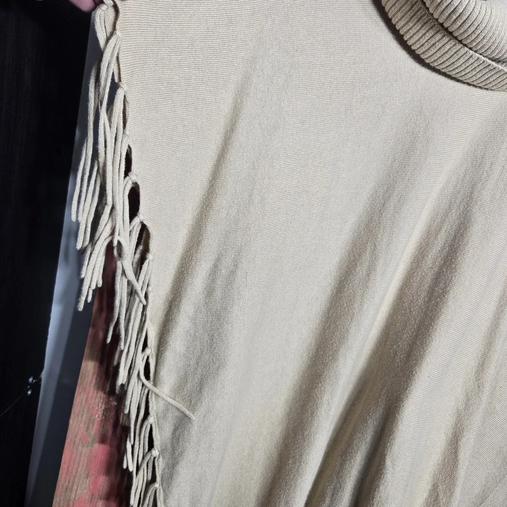 Michael Kors Womens Sweater‎ Fringe Cowl Neck Tunic Beige Poncho Sz M Oversized
